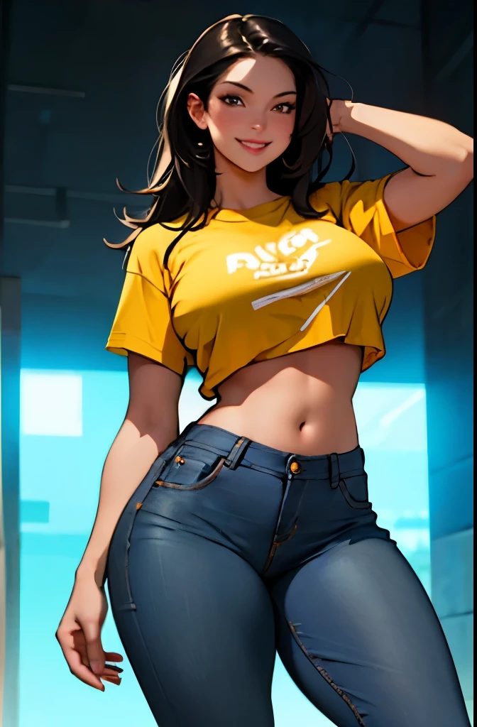 (best quality, masterpiece:1.2), Sketch full view of a hot looking fair skin 29 year old woman standing in front of us. She has brown eyes and long straight black hair. She has big breasts, playful smile. She has a nice curvy physique. She is wearing a crop top and lowrider jeans. Apartment background. Shading. Lighting. Dynamic pose.