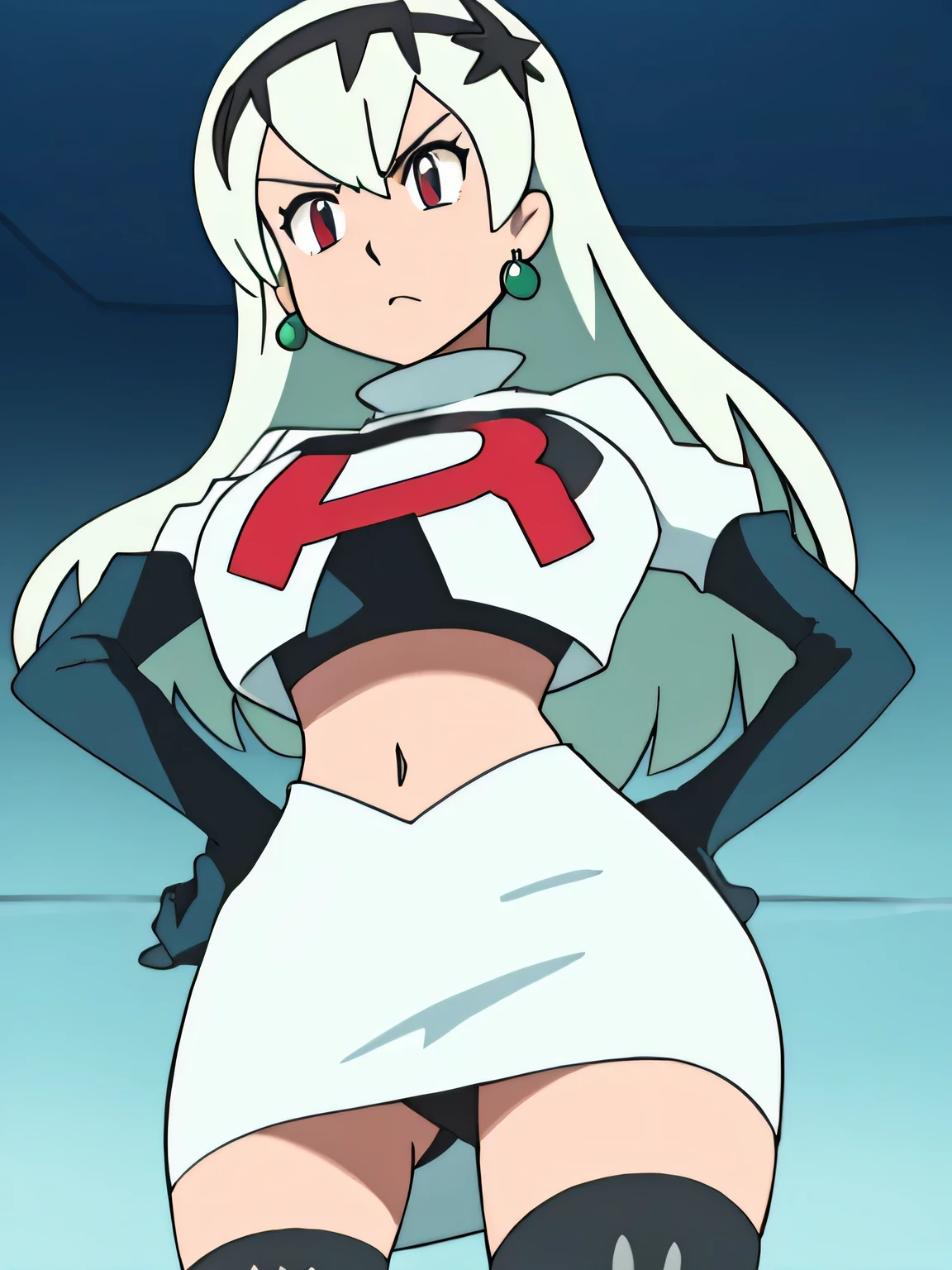 defCorrin, black hairband ,earrings, glossy lips 8k, masterpiece,highres,very large breast, team rocket uniform, red letter r, white skirt,white crop top,black thigh-high boots, black elbow gloves, glaring angrily, looking down at viewer, hands on hips, cowboy shot, zettai ryouiki,from below, black panties,anime style, vivid colors, sharp focus, intense lighting,