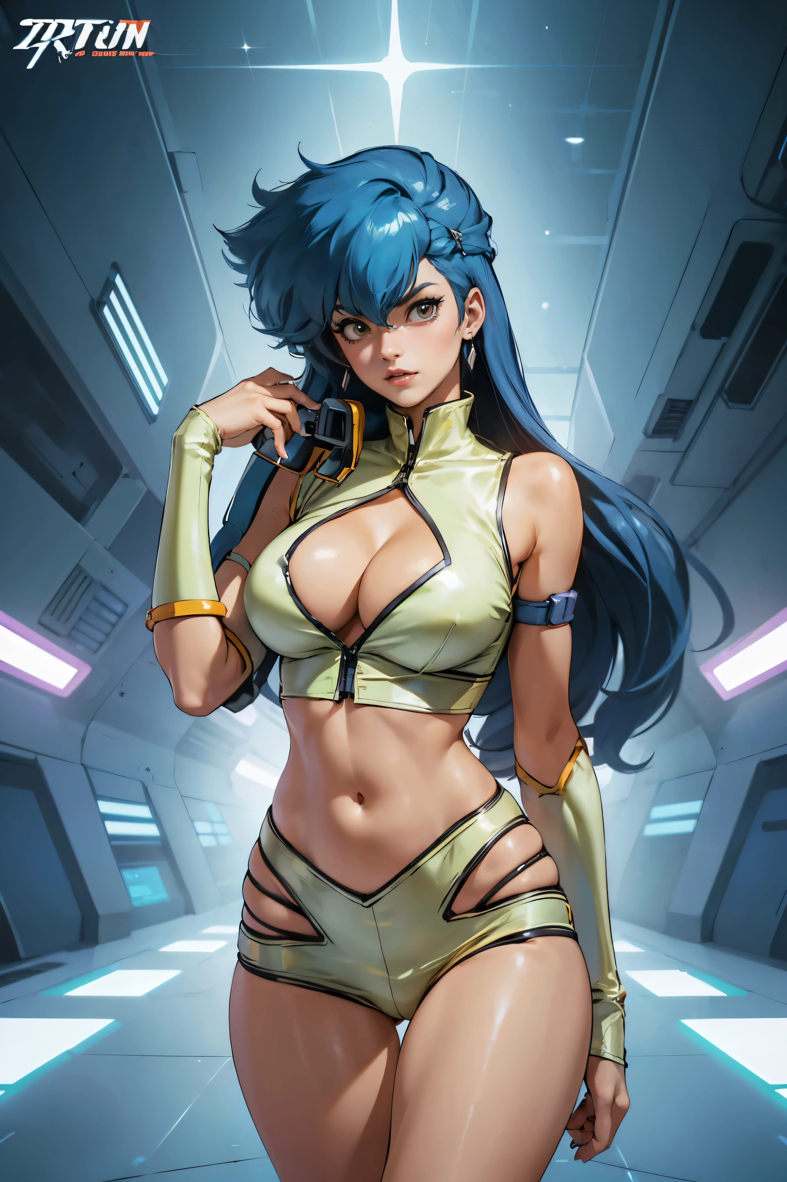 Yuri from The Dirty Pair, , wearing a tight outfit, light sage uniform, light blue uniform, skimpy, medium breast, (long hair), dark blue hair, long smooth hair, beauty, cyberpunk city background, holding retro space-gun, cleavage, slim waist, slim thighs, thigh gap, (light yellow uniform), show belly