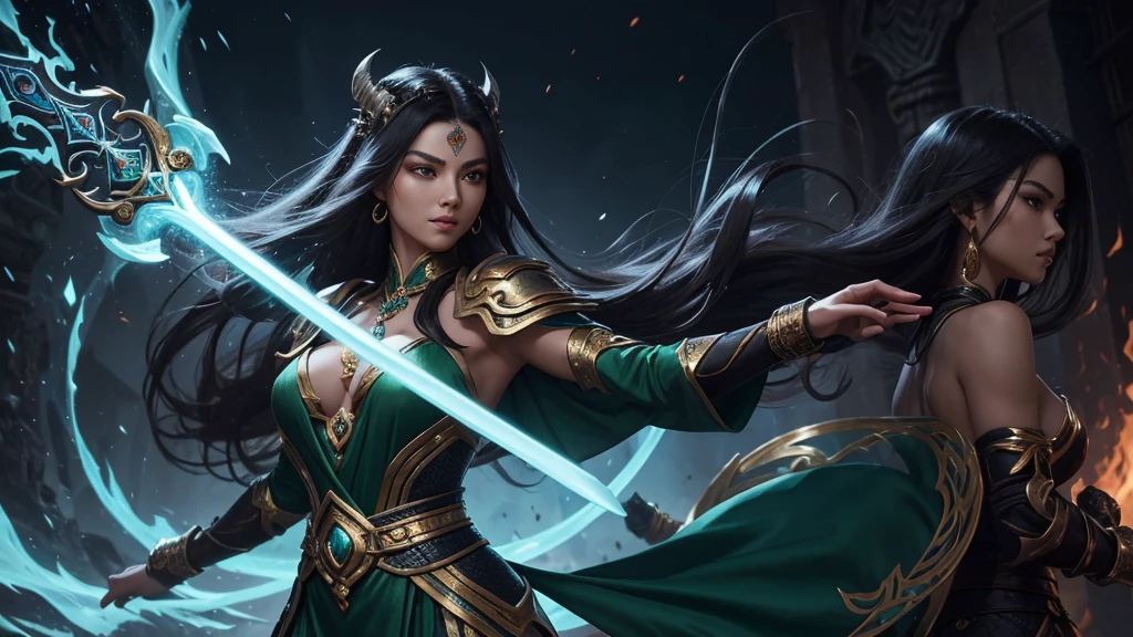 The Mistweaver Monk strides gracefully, her movements as fluid as a gentle breeze. Clad in emerald form-fitting robes that accentuate her lithe figure, she exudes an aura of mystique and confidence. Her attire, a blend of traditional green monk garb and elegant silk, hugs her curves in all the right places, hinting at the strength and agility beneath. Long, flowing locks of silky hair cascade down her back, framing a face of captivating beauty. Her eyes, a mesmerizing shade of jade, sparkle with intelligence and inner fire. With each step, she exudes a subtle scent of exotic spices and rare blossoms, drawing others near with an irresistible allure. Adorned with delicate jewelry crafted from precious stones and metals, she adds a touch of elegance to her martial prowess. A jade pendant, shimmering with mystical energy, hangs from her neck, symbolizing her connection to the forces of healing and renewal. In combat, she moves with effortless grace, her every gesture a dance of power and precision. As she channels her chi to mend wounds and protect her allies, her movements take on a sensual rhythm, captivating those who witness her mastery. Despite the chaos of battle, she remains composed, her confidence unwavering. With a knowing smile and a flick of her wrist, she dispels doubt and fear, instilling hope and courage in those around her. In the midst of danger, she is a beacon of light and warmth, drawing others to her with a magnetic allure that is as irresistible as it is intoxicating. Across from the mistweaver stands a villain wearing an oni mask, holding a sword-axe, wearing a full dress of lava showcase, red demon armor, black fire color reflected armor, draconic looking armor. He takes on an intimidating stance and looks like a cross between ne zha from smite, djinn man male demon, male djinn man demon hybrid, lava and fire goddess, ruler of inferno. The two are mortal enemies and lock gazes, each one reminiscing about their past and the showdown yet to come.