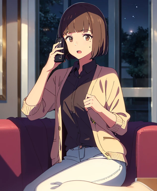 1girl, chestnut brown hair, blunt bangs that cover her forehead, chin-length hair, bob cut, light brown eyes and a mole under her left eye, brown cardigan, open shirt, white sweater, blue pants, open mouth, holding a phone, talking to the phone, indoors, night, living room