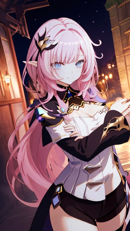 (realistic painting style), masterpiece, 最high quality,  disorganized,((full body)),Elysia (miss pink goblin) (Honkai Impact), slit pupil, Elysia (Honkai Impact), goblin, pointed ears, 1 girl, chest, cleavage, alone, pink hair, tongue, tongue out, large chest, looking at the viewer, shorts, hair ornaments, black shorts, blue eyes, bangs, long hair,  black knee high boots, smile, short shorts, closed mouth, long sleeve, pink eyes, ((very detailed background)), (((cowboy shot,dynamic angle)))，1 girl,,(shiny skin:1.3),(Beautiful and dense skin),(thin hair), masterpiece, high quality, High resolution, confused,(beautiful and aesthetic:1.2), beautiful hands, (4k), 8K, perfect balance,(Highly detailed CG Unity 8K wallpaper), perfect hands, embarrassing, blush, light_vestige,intricate details,Depth of written boundary, extremely delicate and 美しい,professional photography, Bokeh, High resolution, sharp details, 最high quality, thick thighs,beautiful eyes, beautiful background, outdoor，