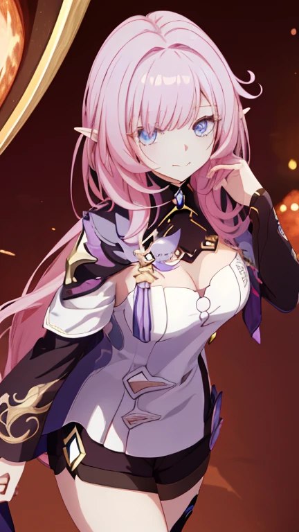 (realistic painting style), masterpiece, 最high quality,  disorganized,((full body)),Elysia (miss pink goblin) (Honkai Impact), slit pupil, Elysia (Honkai Impact), goblin, pointed ears, 1 girl, chest, cleavage, alone, pink hair, tongue, tongue out, large chest, looking at the viewer, shorts, hair ornaments, black shorts, blue eyes, bangs, long hair,  black knee high boots, smile, short shorts, closed mouth, long sleeve, pink eyes, ((very detailed background)), (((cowboy shot,dynamic angle)))，1 girl,,(shiny skin:1.3),(Beautiful and dense skin),(thin hair), masterpiece, high quality, High resolution, confused,(beautiful and aesthetic:1.2), beautiful hands, (4k), 8K, perfect balance,(Highly detailed CG Unity 8K wallpaper), perfect hands, embarrassing, blush, light_vestige,intricate details,Depth of written boundary, extremely delicate and 美しい,professional photography, Bokeh, High resolution, sharp details, 最high quality, thick thighs,beautiful eyes, beautiful background, outdoor，