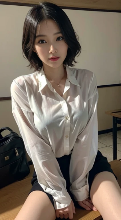 ((best quality)), ((masterpiece)), (get used to it), Very accurate description、perfect face, Detailed face、 Beautiful eyes in every detail、Realistic skin texture, japanese woman、32 years old、She is a teacher、I teach in the classroom.、wavy short hair、Overbite、half open mouth、Long mouth corners、full-body shot、A very loose white shirt、Not wearing、nipple、black skirt、No、、wet skin:2.0、wet hair:2.0、looks embarrassed、standing、spread your legs