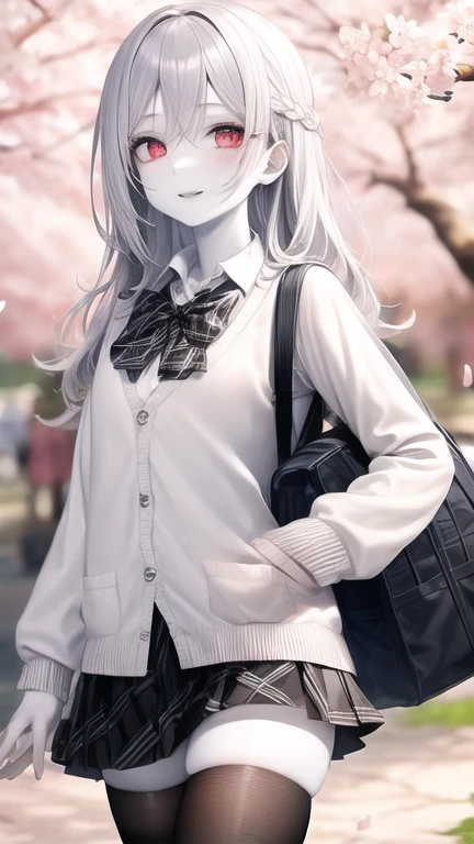 master piece:1.2),(best quality:1.2),8K,
BREAK 1girl,(ultra detailed white skin:1.6),(shiny skin:1.2),(ultra detailed silver hair:1.2),(ultra detailed red eyes:1.2),
BREAK (albino:1.10),(bishojo),(cute),(perfect face:1.2),(perfect body:1.2),
BREAK (straight hair:1.2),(long hair),hair between eyes,swept bangs,french braid,small breast,blush,smile,
BREAK ,(white cardigan:1.6),(black bowtie:1.3),(black check skirt:1.4),(black thighhighs:1.3),
BREAK (walking:1.2),(holding a schoolbag:1.2),(cowboy shot:1.2),looking back,(waving),
BREAK (cherry blossoms:1.3),grass,(spring:1.3),