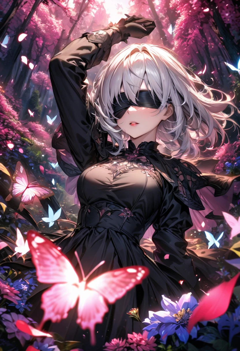 Ultra detailed, highres, absurdres, HDR, 2B, white hair, eyes blindfolded, extremely beautiful, 1 woman only, pink forest, butterflies, flowers, petals, black clothes,