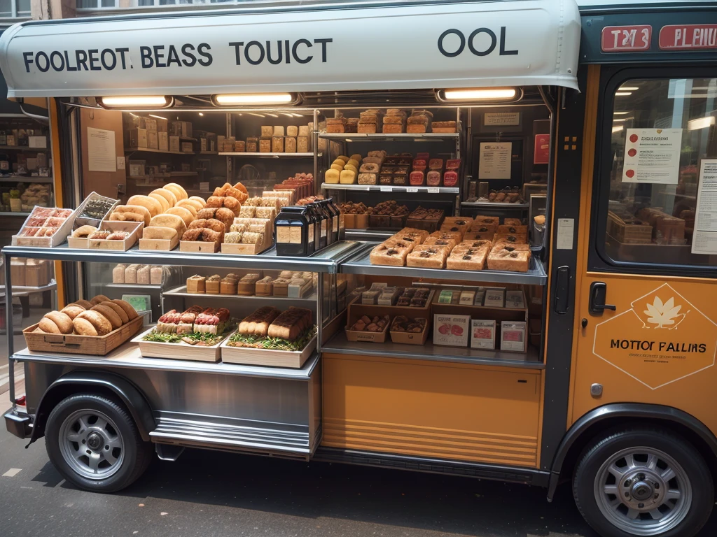 1 food truck, a girl at breakfast, Morning, LED light, Color LED, Sandwiches, drinks, Menus, Breakfast 5 euros, 製作Sandwiches
