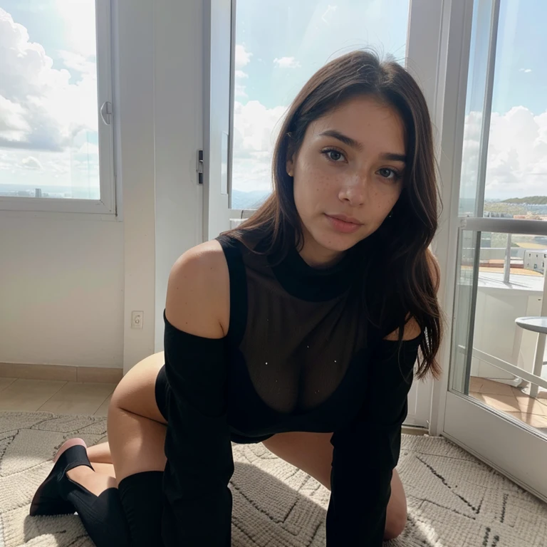 23-year-old hyper-realistic Latin girl with freckles, mood selfie for instagram, Ultra Definition, (photoreallistic: 1.4), 8k, calidad premier, fondos detallados, cara delicada, maquillaje natural, foto raw, iphone, HDR, Coqueteando con el espectador, terrace with view on the greenland, black body suit, Kneeling, big tits