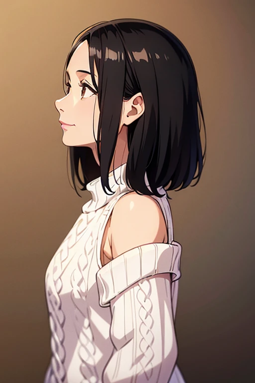 masterpiece,best quality,ultra detailed, (((1 old woman:1.0))), (((40 years old:1.2))), (solo), (((wrinkles at the corners of the eyes:0.2))), (((Fine wrinkles in face:0.1))), (((plump:0.7))), (half smile), (((black hair))), (straight hair), (((medium hair:1.3))), (brown eyes), (((standing))), (((upper body shot))), (((pink lipstick:0.8))), (((white sweater))), (((Cold Shoulder:0.9))), (((facial profile))), (((looking down:1.3))), (((from side)))