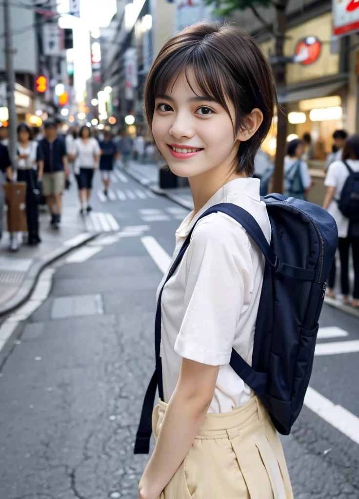 18 year old beautiful girl、Highest image quality、realistic、16K、beautiful woman、pixie cut、slim、Carrying a backpack、With bangs、WhiteTshirt、navy hinjuku、In the streets of Tokyo、Standing、smile、whole body、panoramic、