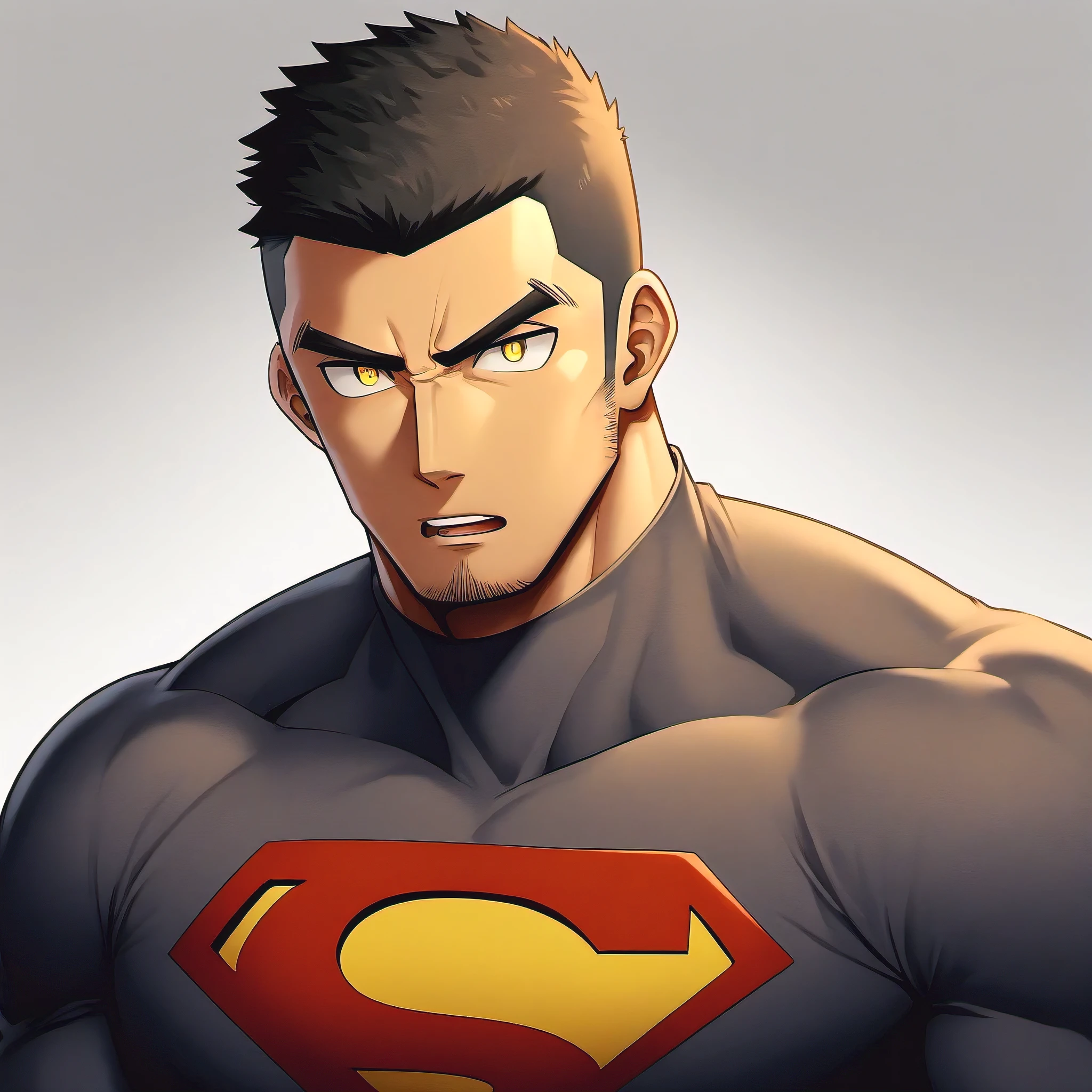 anime characters:Handsome uncle, 30 year old muscular uncle, male focus, Coffee-colored skin, Dark grey turtleneck tight T-shirt, superman logo, muscular male, muscular, bara, Upper body, Buzz Cut, alone, Black short hair, stubble, yellow eyes, White background, Simple background, amazing quality, best aesthetics, ridiculous, bright pupils, short hair, open lips, v-shaped eyebrows, jitome, best quality
