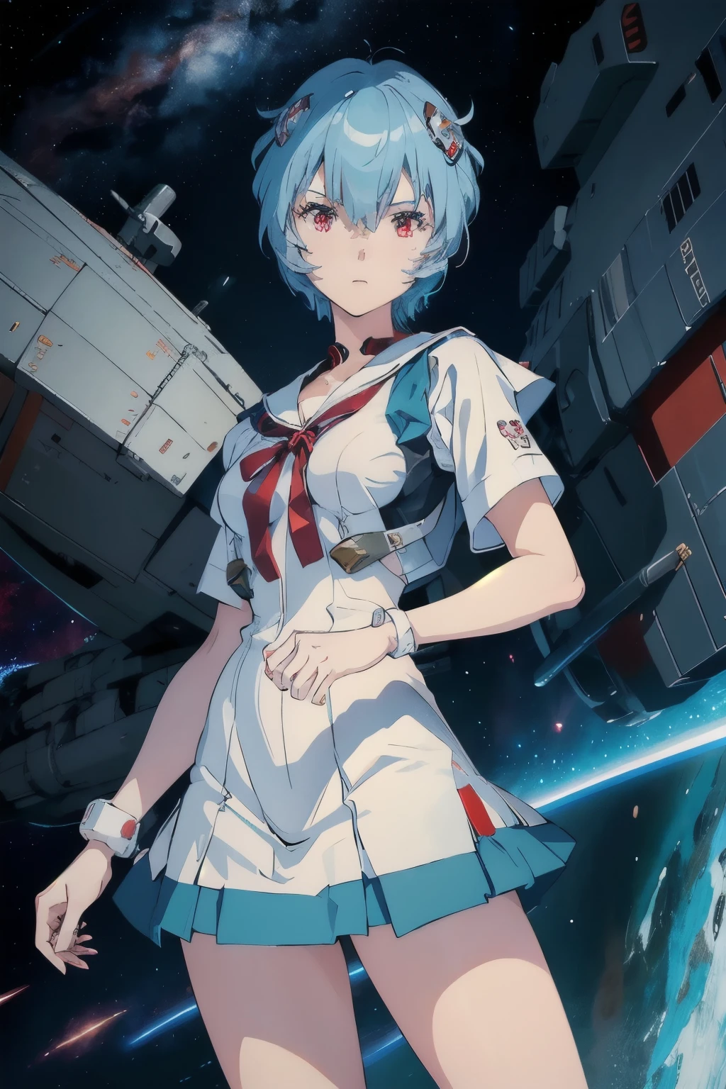 RAW image quality, A super cute girl is wearing a sailor uniform, mechanical wing, space war background, , Supernova Power, light blue hair, red eyes, perfect body, sexy, neon glow, Beam sabre, sad mood, very detailed, battle preparation, Mecha Musume-like pose, fine eyes, detailed face,