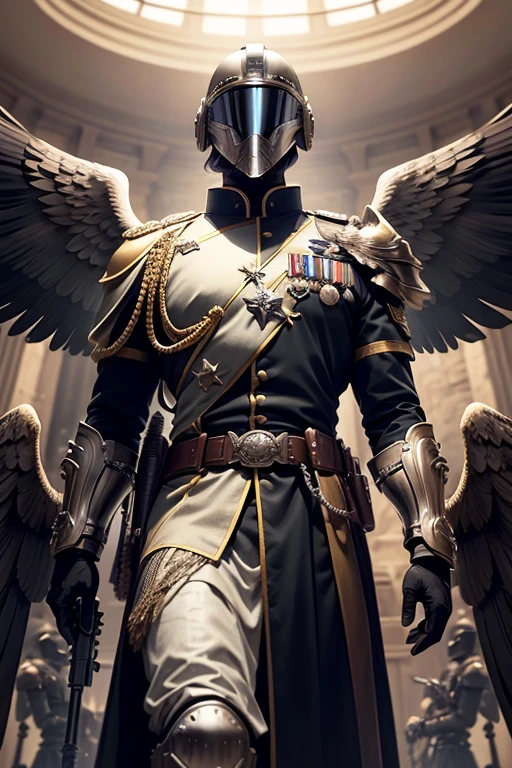 Male angel with divine aura wearing military boss clothes (((with insignias))) and medieval knight full face mask (((face hidden behind the helmet))), holding a weapon, eagle wings (((2 wings))), battlefield and squad scenario, dinamic pose, view from below