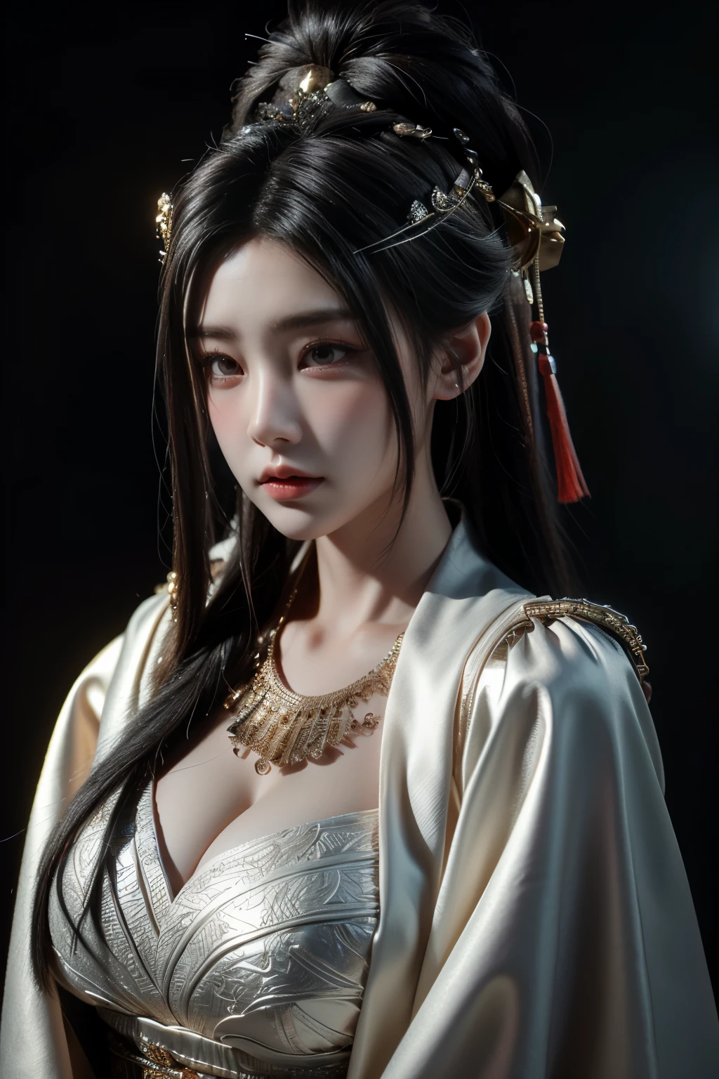 Game art，The best picture quality，Highest resolution，8K，((A bust photograph))，((Portrait))，((Head close-up))，(Rule of thirds)，Unreal Engine 5 rendering works， (The Girl of the Future)，(Female Warrior)， 22 year old girl，(Ancient Chinese women)，(Rainbow hair，Ancient Oriental hairstyle)，((The pupils of the red eyes:1.3))，(A beautiful eye full of detail)，(Big breasts)，(Eye shadow)，Elegant and charming，indifferent，((Anger))，(A silk coat with ancient Chinese style，Bellyband，The clothes are decorated with patterns with Chinese characteristics，A flash of jewellery，White)，(The clothes are made of silk:1.5)，figure，fantasy style， photo poses，city background，Movie lights，Ray tracing，Game CG，((3D Unreal Engine))，OC rendering reflection pattern