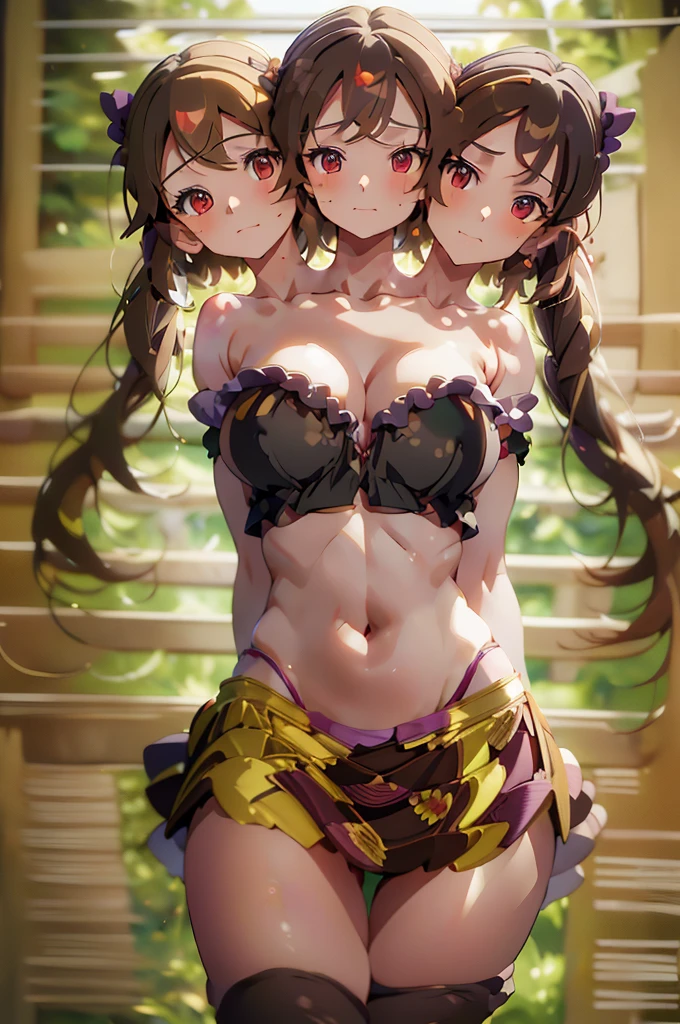 (masterpiece, best quality), best quality, (ultra-detailed), (3heads:1.5), 1girl, (hatate himekaidou:1.3), masterpiece, best quality, ultra quality, ultra resolution, ultra detail, pinkish top, with purple trim, crop top, ((stomach)), midriff, ((groin)), black/purple checker pattern skirt, normal ears, shackles, long brown hair, very long hair, wavy hair, pigtails, brown eyes, parted lips, detailed eyes, sweat, cute, toned belly, hand on own chest, eyelashes, (24 year old woman:1.3), (masterpiece:1.5), (best quality:1.5), (beautiful detailed), extremely detailed CG, extremely delicate and beautiful, depth of field, (finely detailed face), (perfect details:1.2), (mature female:1.3), wide pelvis, slender, large veiny breast, 16k resolution, highres, very high quality, very high definition, extremely detailed, masterpiece, brown hair, long hair, alluring presence, braid, short skirt, close up, big tits, young, horns,
