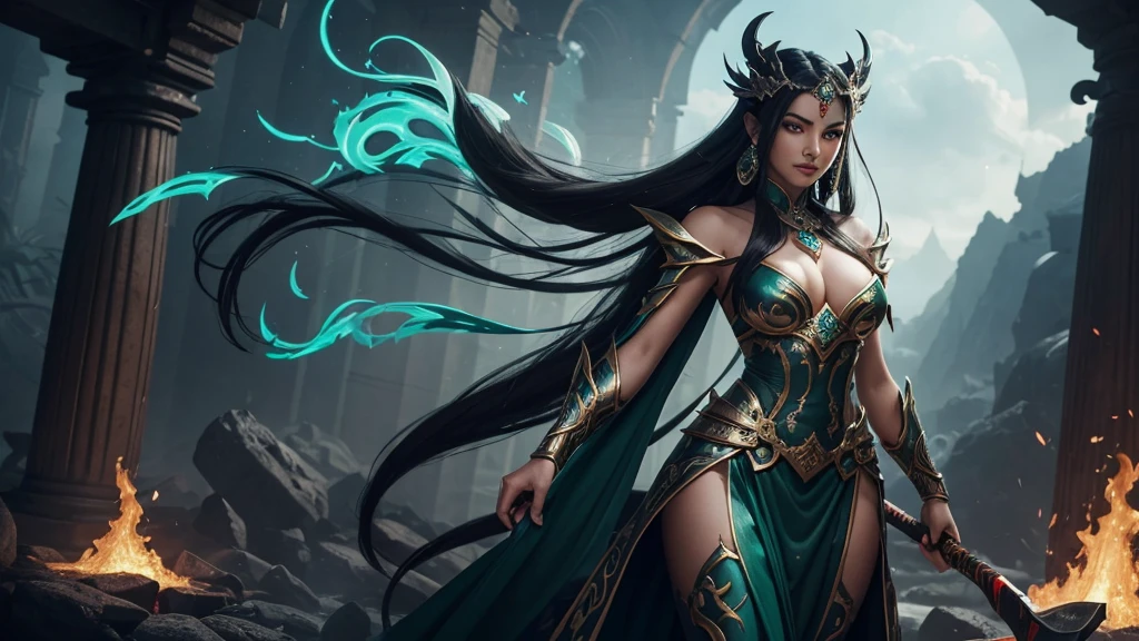 The Mistweaver Monk strides gracefully, her movements as fluid as a gentle breeze. Clad in emerald form-fitting robes that accentuate her lithe figure, she exudes an aura of mystique and confidence. Her attire, a blend of traditional green monk garb and elegant silk, hugs her curves in all the right places, hinting at the strength and agility beneath. Long, flowing locks of silky hair cascade down her back, framing a face of captivating beauty. Her eyes, a mesmerizing shade of jade, sparkle with intelligence and inner fire. With each step, she exudes a subtle scent of exotic spices and rare blossoms, drawing others near with an irresistible allure. Adorned with delicate jewelry crafted from precious stones and metals, she adds a touch of elegance to her martial prowess. A jade pendant, shimmering with mystical energy, hangs from her neck, symbolizing her connection to the forces of healing and renewal. With a knowing smile and a flick of her wrist, she dispels doubt and fear, instilling hope and courage in those around her. In the midst of danger, she is a beacon of light and warmth, drawing others to her with a magnetic allure that is as irresistible as it is intoxicating. The Mistweaver takes up the left half of the picture. Across from the mistweaver on the right half of the picture stands a villain wearing an oni mask, holding a sword-axe, wearing a full dress of lava showcase, red demon armor, black fire color reflected armor, draconic looking armor. He takes on an intimidating stance and looks like a cross between ne zha from smite, djinn man male demon, male djinn man demon hybrid, lava and fire goddess, ruler of inferno. The two are mortal enemies and lock gazes, each one reminiscing about their past and the showdown yet to come.