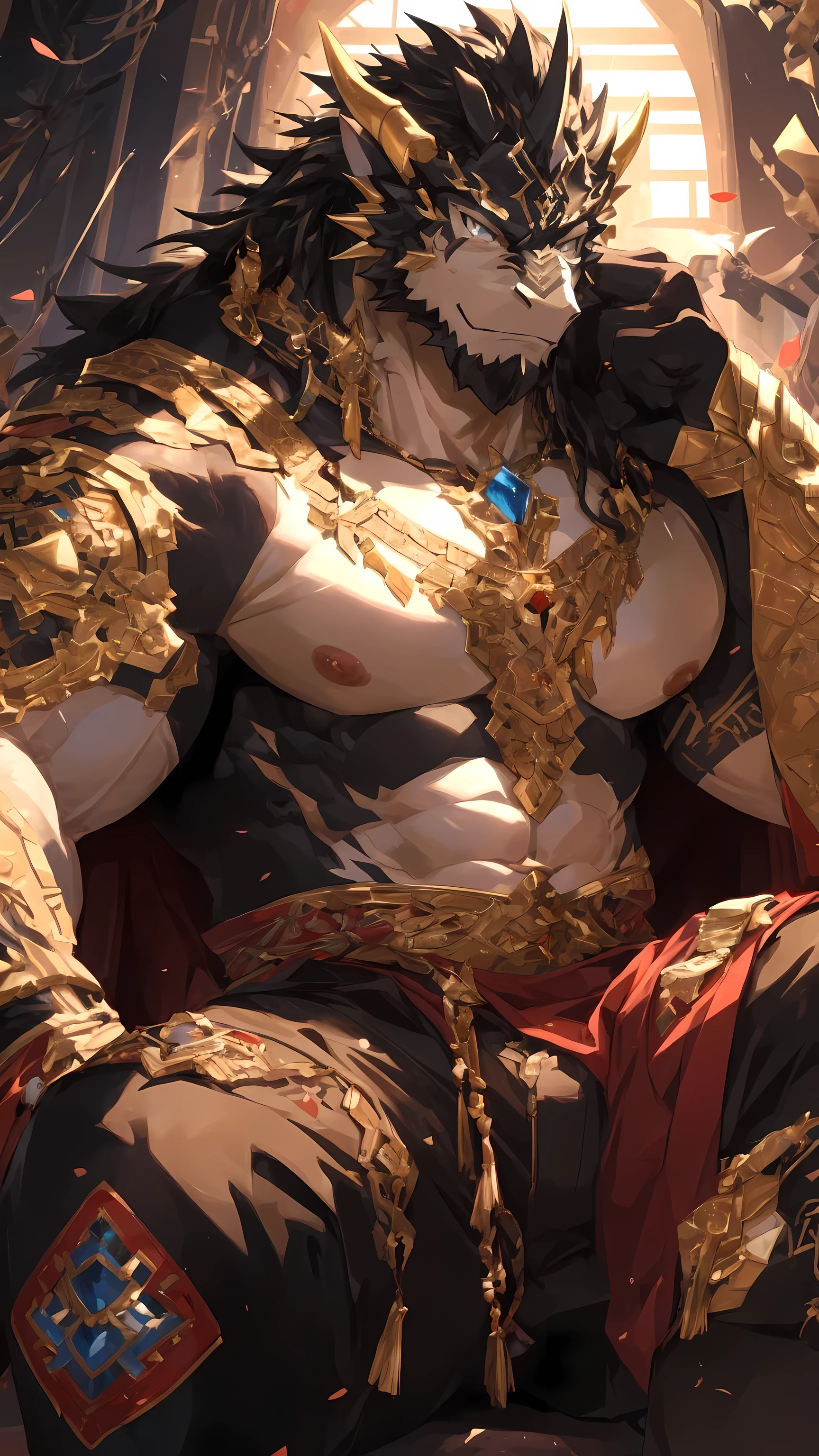 human nature((dramatic))epic, dynamic poses, Dynamic angle, a scene in, Extreme perspective and powerful composition, ridiculous, (super detailed), sharp focus, Genji, Eye, hairy, human nature (black dragon), black dragon, male, Muscular, super detailed face,in the palace,Sitting on the Luxurious throne,(Disheveled 1.4), (best quality), (masterpiece), high detail, high quality, Award-winning, High resolution, HD, 16K, Yes, (close up:1.5),black dragon,muscular,Big chest muscles,Black nipples,?????? is big and stands out,Big chest muscles are prominent,Golden Eye,????? from the waist down,Wearing only black shorts,Golden dragon horn,Black nipples,There are scales on the body,scales,Black dragon scales,scales details,Scales refinement,Dragon scale refinement,Golden Eye,Exquisite Eye,Bright Eye,Gold tattoos all over the body,golden tattoo,spread legs,Large bag at the ??????,?????? is super prominent,Luxurious throne,Ultra-clear,16K,Delicate face,Golden dragon horn,Golden vertical pupil,Gold tattoos all over the body,Gold tattoo on chest,Gold tattoo on the abdominal muscles,?????? is big,The crotch is particularly prominent。