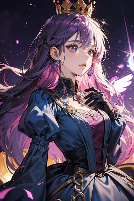 Princess Beautiful is a skeleton that wears a long, dark blue-grey dress with puffy sleeves, maroon detail and maroon gloves. She wears a gold, three-pronged crown with a purple gem in the top of the middle prong. She has no hair because she died of baldness. SPARKLE; GLITTER