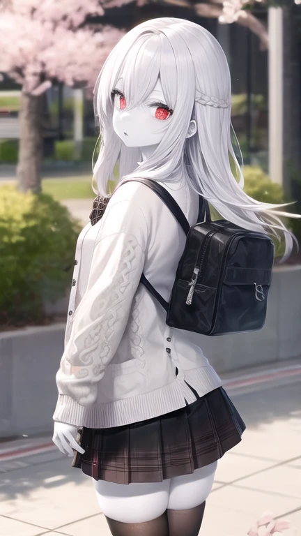 master piece:1.2),(best quality:1.2),8K,
BREAK 1girl,(ultra detailed white skin:1.6),(shiny skin:1.2),(ultra detailed silver hair:1.2),(ultra detailed red eyes:1.2),
BREAK (albino:1.10),(bishojo),(cute),(perfect face:1.2),(perfect body:1.2),
BREAK (straight hair:1.2),(long hair),hair between eyes,swept bangs,french braid,small breast,blush,expressionless,
BREAK ,(white cardigan:1.6),(black bowtie:1.3),(black check skirt:1.4),(black thighhighs:1.3),
BREAK (walking:1.2),(holding a schoolbag:1.2),(cowboy shot:1.2),(looking back:1.2),
BREAK (cherry blossoms:1.3),grass,(spring:1.3),
