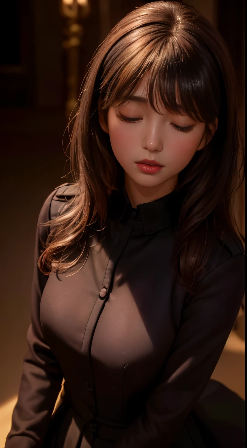 8K, highest quality, 1 girl, (skin dents), night, (dark), clear indoor background, (people々), beautiful bangs, nice,, (clothing and uniforms:1.3),soft lighting, Charm, dark Room, (closed your mouth:1.2, beautiful eyes, fine eyes, detailed iris, beautiful lips, beautiful nose, beautiful face),(primary color:1.5)