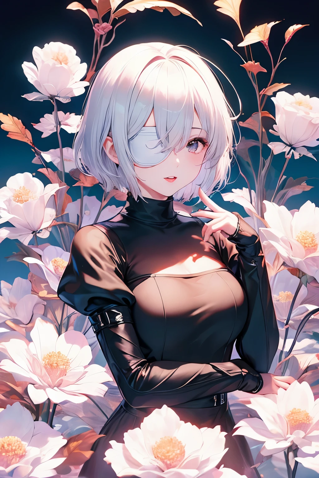 Yo Hanano. Type 2B, 1 girl, Wallop, (blindfolded), Clothing cut, green background, hair between eyes, scarf, High resolution, Juliet sleeves, long sleeve, Neil (series), Neil automata, puff sleeves, red lips, shadow face, short hair, alone, turtleneck sweater, Upper body, white hair, Sky