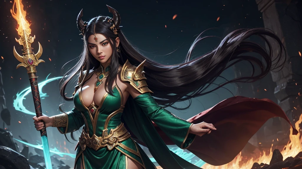 The Mistweaver Monk strides gracefully, her movements as fluid as a gentle breeze. Clad in emerald form-fitting robes that accentuate her lithe figure, she exudes an aura of mystique and confidence. Her attire, a blend of traditional green monk garb and elegant silk, hugs her curves in all the right places, hinting at the strength and agility beneath. Long, flowing locks of silky hair cascade down her back, framing a face of captivating beauty. Her eyes, a mesmerizing shade of jade, sparkle with intelligence and inner fire. With each step, she exudes a subtle scent of exotic spices and rare blossoms, drawing others near with an irresistible allure. Adorned with delicate jewelry crafted from precious stones and metals, she adds a touch of elegance to her martial prowess. A jade pendant, shimmering with mystical energy, hangs from her neck, symbolizing her connection to the forces of healing and renewal. With a knowing smile and a flick of her wrist, she dispels doubt and fear, instilling hope and courage in those around her. In the midst of danger, she is a beacon of light and warmth, drawing others to her with a magnetic allure that is as irresistible as it is intoxicating. The Mistweaver takes up the left half of the picture. Across from the mistweaver on the right half of the picture stands a red dragon wearing an oni mask, holding a sword-axe, wearing a full dress of lava showcase, red demon armor, black fire color reflected armor, draconic looking armor. He takes on an intimidating stance and looks like a cross between ne zha from smite, djinn man male demon, male djinn man demon hybrid, lava and fire goddess, ruler of inferno. The two are mortal enemies and lock gazes, each one reminiscing about their past and the showdown yet to come.