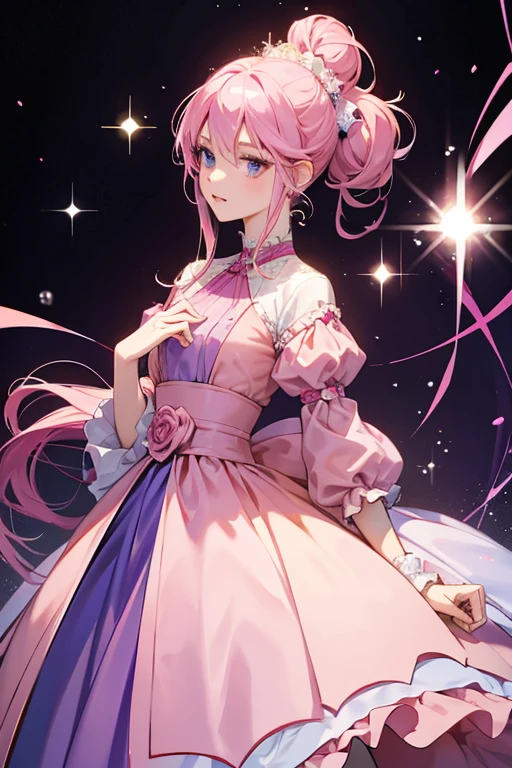 Princess Bubblegum is tall and slender with light pink skin and magenta-pink hair, which is made up of actual bubblegum. Her primary outfit is a floor-length, puffy-sleeved, dark-pink gown with a purple scoop-neck collar and sash around her waist and purple ballet flat shoes. Whenever she does any science experiments, she wears a lab coat, sometimes with her hair tied back in either a bun or a ponytail. However, she still changes her outfits and hairstyle regularly from episode to episode. SPARKLE; GLITTER