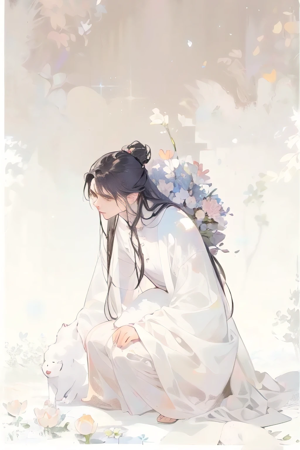 (masterpiece_1.2), highest quality,unity 8k wallpaper, very detailed, (fractal art: 1.2), anime, ((man in his 30s)), black hair, bouquet, brown eyes, No background, long hair, lotus, realistic, solo, ((A man crouching down and stroking a cat)), white theme,