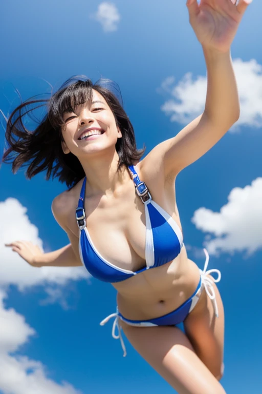 over the sky3000In the middle of skydiving at 1.5 meters、The surroundings are clear blue sky and clouds、She is a beautiful Japanese woman with medium-long bob hair and looks very cute and happy.、Sensual style、She is wearing a very y micro bikini swimsuit.、She is looking at the camera、The camera follows her from above.