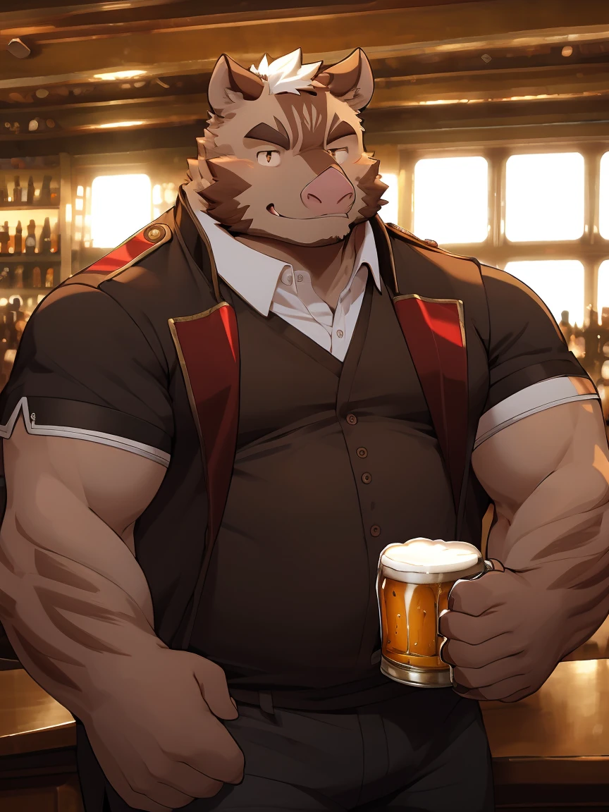 (masterpiece)，Very detailed，(best quality)，hairy，Wild Boar，white hair，(Brown pupil 1.1)，chubby，(chubby)，(huge size)，charming，((A hand holding a beer mug 1.2))， (in the bar)，(Sitting in the bar 1.0)，(Smile)，(Face a little red))),cool pose，bar background，16K，(high quality)，High clarity of the face