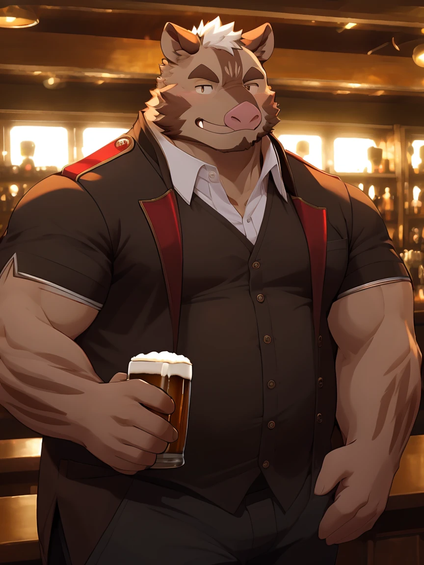 (masterpiece)，Very detailed，(best quality)，hairy，Wild Boar，white hair，(Brown pupil 1.1)，chubby，(chubby)，(huge size)，charming，((A hand holding a beer mug 1.2))， (in the bar)，(Sitting in the bar 1.0)，(Smile)，(Face a little red))),cool pose，bar background，16K，(high quality)，High clarity of the face