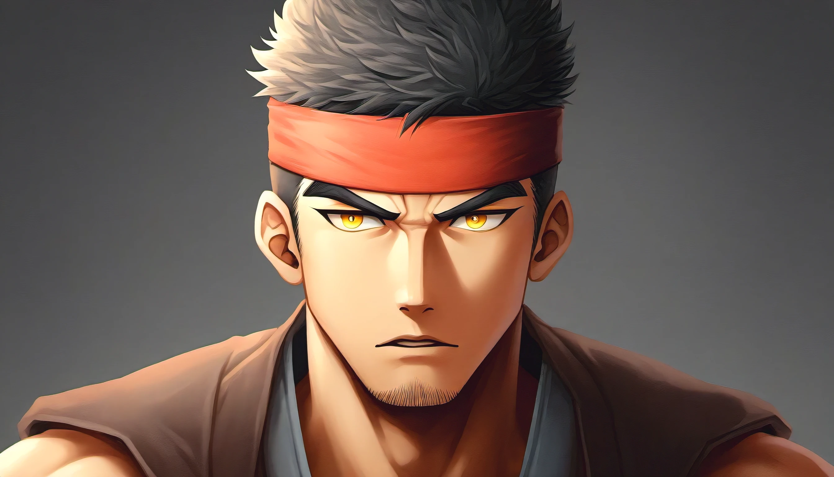 anime characters:Gyee, warrior, 1 young muscular man, male focus, sports Red headband, samurai clothing, muscular male, muscular, only, Upper body, alone, Black short hair, Thick eyebrows, stubble, Yellow eyes, Black background, simple background, amazing quality, best aesthetics, Ridiculous, bright pupils, crew cut, parted lips, v-shaped eyebrows, jitome, best quality