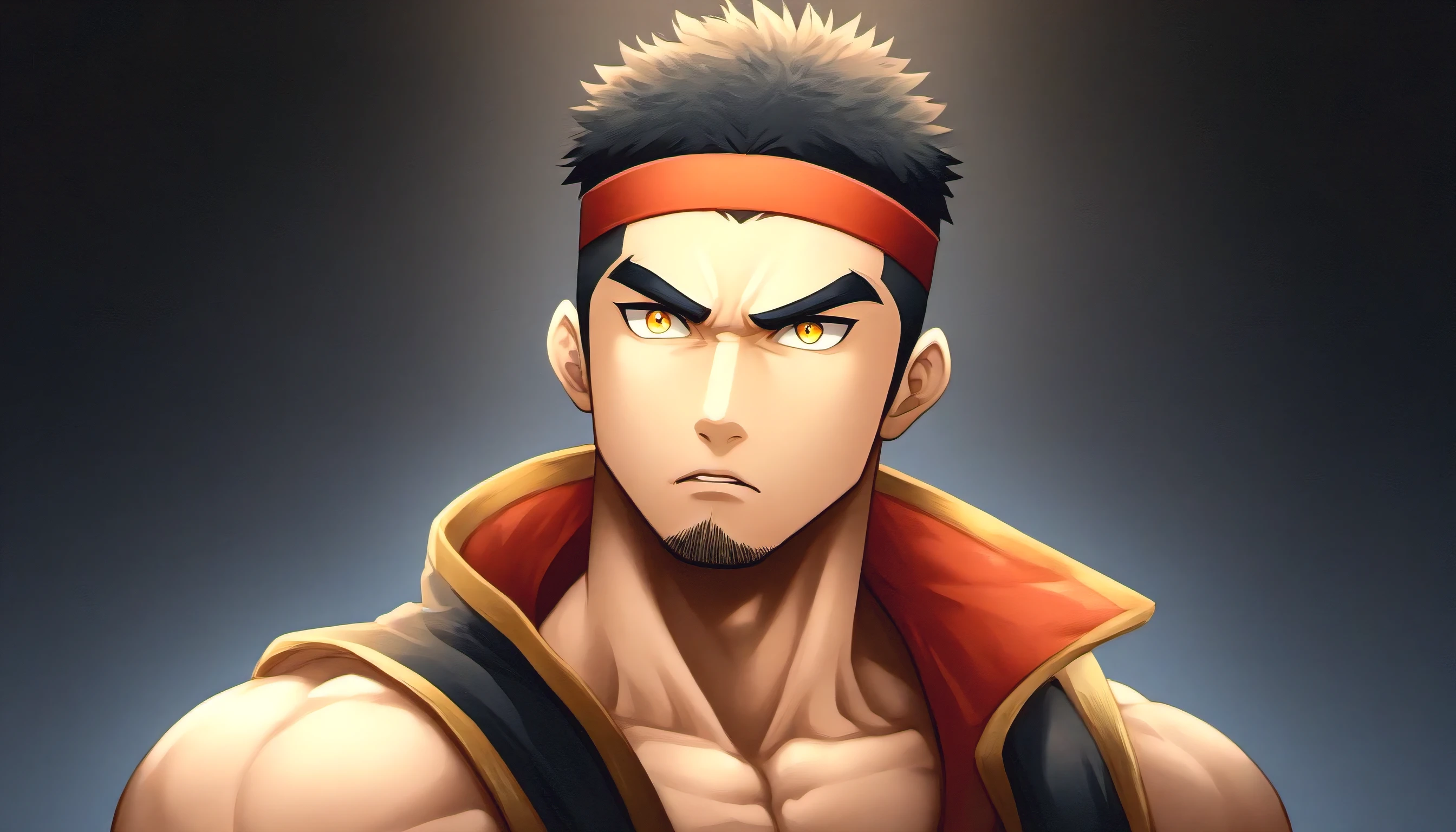 anime characters：Gyee, warrior, 1 young muscular man, male focus, sports Red headband, samurai clothing, muscular male, muscular, only, Upper body, alone, Black short hair, Thick eyebrows, stubble, Yellow eyes, Black background, simple background, amazing quality, best aesthetics, Ridiculous, bright pupils, crew cut, parted lips, v-shaped eyebrows, jitome, best quality