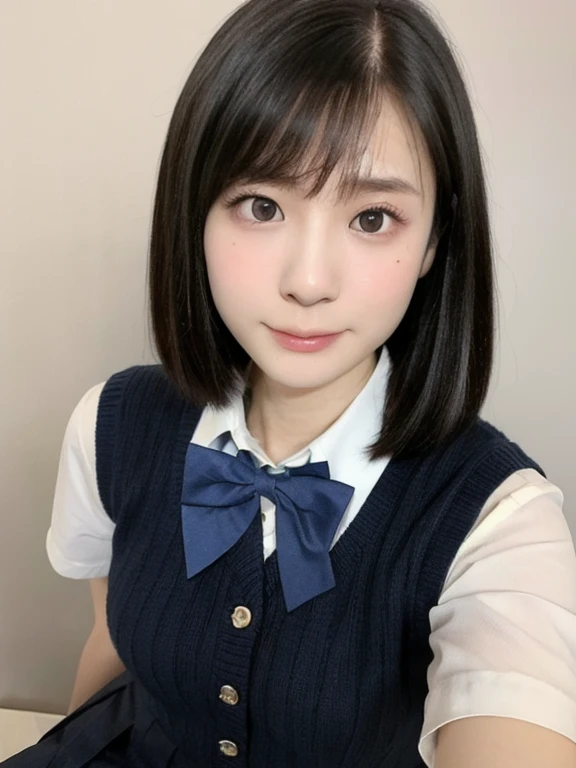 (kawaii 18 year-old Japanese highschool girl, Nogizaka idol, Korean idol), (glossy black hair, very short hair, symmetric hair length, even hair length:1.3), (forehead), (rounded face, black eyes, single eyelid, no makeup, soft smiling:1.2), (wearing Japanese school uniforms, collared white shirt, navy bow tie, baige knitted vest, pleated skirt:1.3), flat chest, extra small breasts, (looking at viewer:1.2), BREAK, (simple white wall background:1.3), (dynamic angle:1.3), face focus, BREAK, (masterpiece, best quality, photo realistic, official art:1.4), (UHD, 8K quality wallpaper, high resolution, raw photo, golden ratio:1.2), (shiny skin), professional lighting, physically based rendering, award winning, (perfect anatomy, highly detailed skin, extremely detailed face and eyes), Carl Zeiss 85 mm F/1.4, depth of field, 1girl, solo,