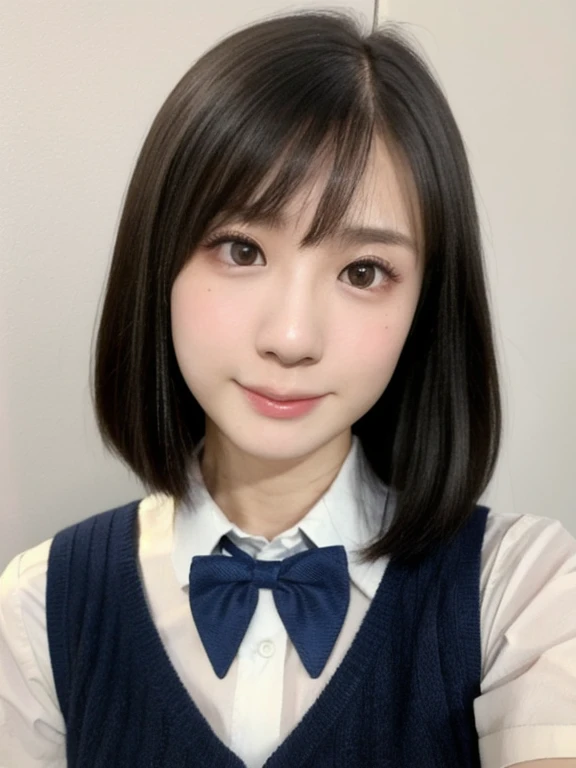 (kawaii 18 year-old Japanese highschool girl, Nogizaka idol, Korean idol), (glossy black hair, very short hair, symmetric hair length, even hair length:1.3), (forehead), (rounded face, black eyes, single eyelid, no makeup, soft smiling:1.2), (wearing Japanese school uniforms, collared white shirt, navy bow tie, baige knitted vest, pleated skirt:1.3), flat chest, extra small breasts, (looking at viewer:1.2), BREAK, (simple white wall background:1.3), (dynamic angle:1.3), face focus, BREAK, (masterpiece, best quality, photo realistic, official art:1.4), (UHD, 8K quality wallpaper, high resolution, raw photo, golden ratio:1.2), (shiny skin), professional lighting, physically based rendering, award winning, (perfect anatomy, highly detailed skin, extremely detailed face and eyes), Carl Zeiss 85 mm F/1.4, depth of field, 1girl, solo,