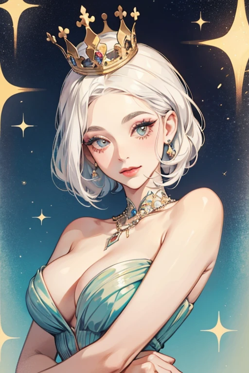 She is a tall, attractive humanoid with a dress. She is wearing a crown and makeup. She has a style similar to that of the caricatures of the 1920s, since she is white like the silent caricatures of those times. She has a very curved figure. SPARKLE; GLITTER