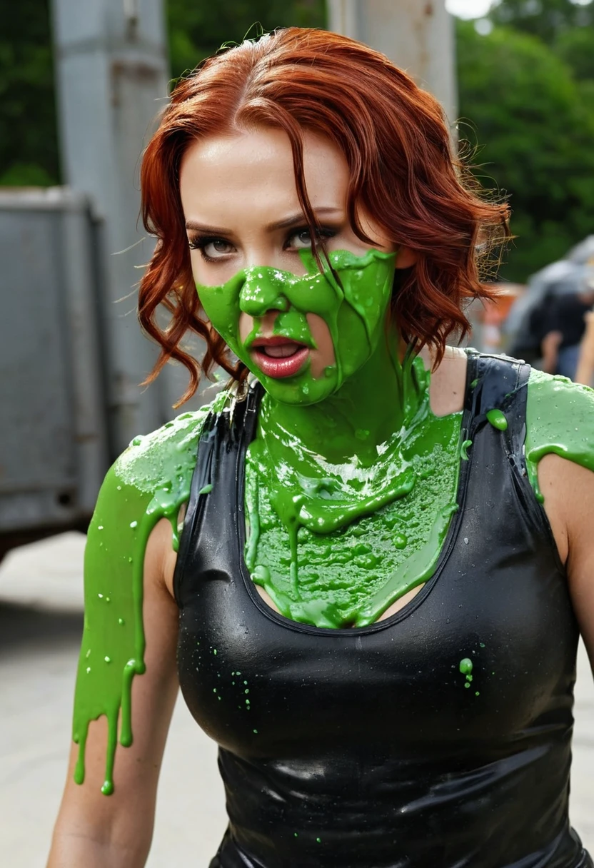 make black widow with black tank top was stuck in a pipe full of slime all of his face was covered with slime he was also get a pie in his face