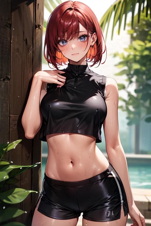 ((perfect anatomy:1.2,actual,:1.3,original photography:1.3,masterpiece、best quality、Ultra - High resolution、High resolution、Highly detailed CG、8K)),National Science Foundation,Cowboy shooting,1 female,alone,20 years old,The Beauty of Japan,Beautiful and delicate face and eyes,Big and beautiful eyes,gray eyes,(Red hair,bob short hair,Bangs), (slender figure,small head:1.4, skinny、beautiful breasts、huge breasts:1.4,plump breasts), glowing skin,oily skin,Sweat:1.5,(black vest,crop top、navel、gray Sweat shorts,wet crotch:1.5),kneeling,ancient city、fantasy,medieval europe、natural sunlight、