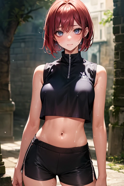 ((perfect anatomy:1.2,actual,:1.3,original photography:1.3,masterpiece、best quality、Ultra - High resolution、High resolution、Highly detailed CG、8K)),National Science Foundation,Cowboy shooting,1 female,alone,20 years old,The Beauty of Japan,Beautiful and delicate face and eyes,Big and beautiful eyes,gray eyes,(Red hair,bob short hair,Bangs), (slender figure,small head:1.4, skinny、beautiful breasts、huge breasts:1.4,plump breasts), glowing skin,oily skin,Sweat:1.5,(black vest,crop top、navel、gray Sweat shorts,wet crotch:1.5),kneeling,ancient city、fantasy,medieval europe、natural sunlight、