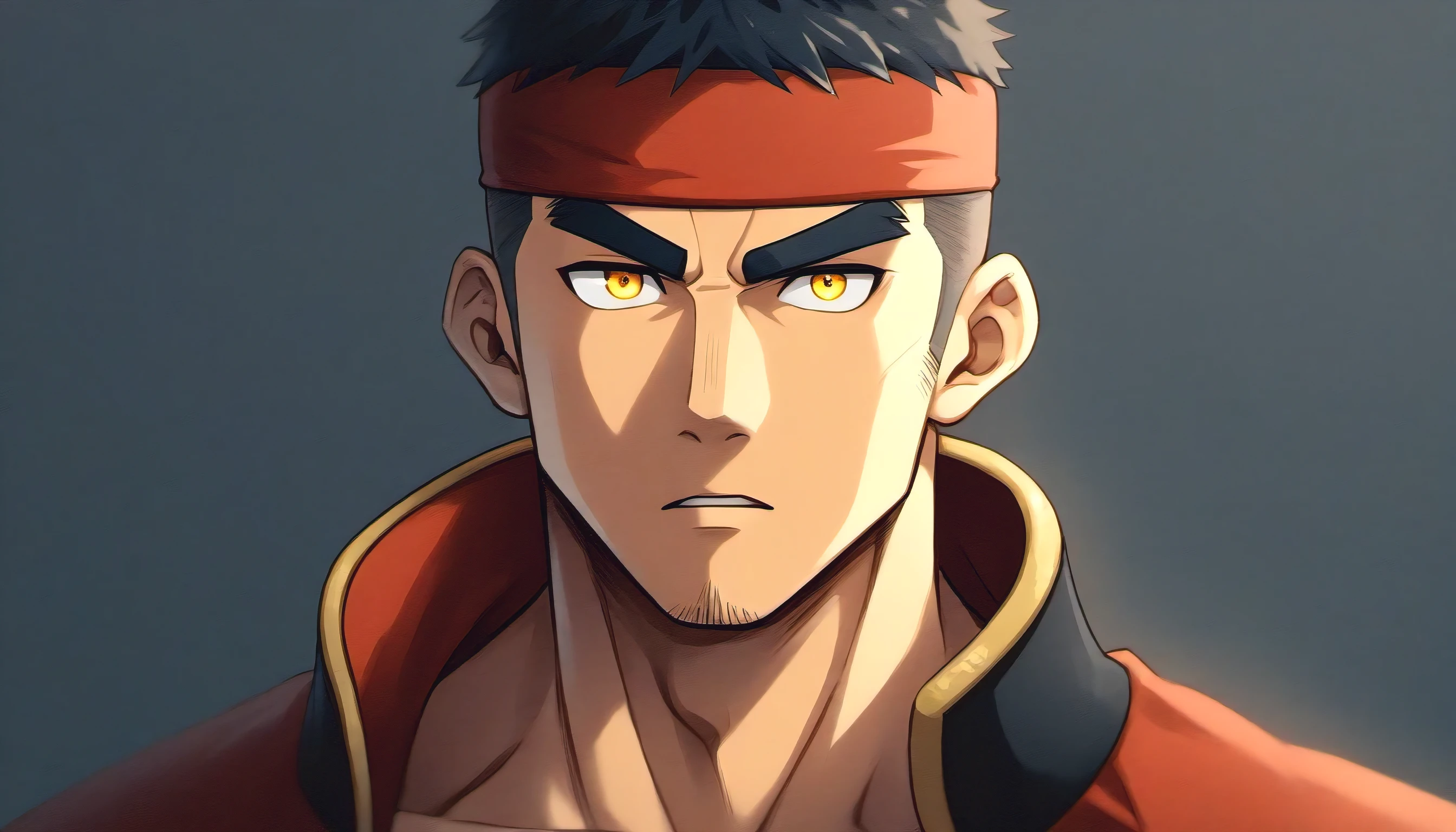 anime characters:Gyee, warrior, 1 young muscular man, male focus, sports Red headband, samurai clothing, muscular male, muscular, only, Upper body, alone, Black short hair, Thick eyebrows, stubble, Yellow eyes, Black background, simple background, amazing quality, best aesthetics, Ridiculous, bright pupils, crew cut, parted lips, v-shaped eyebrows, jitome, best quality