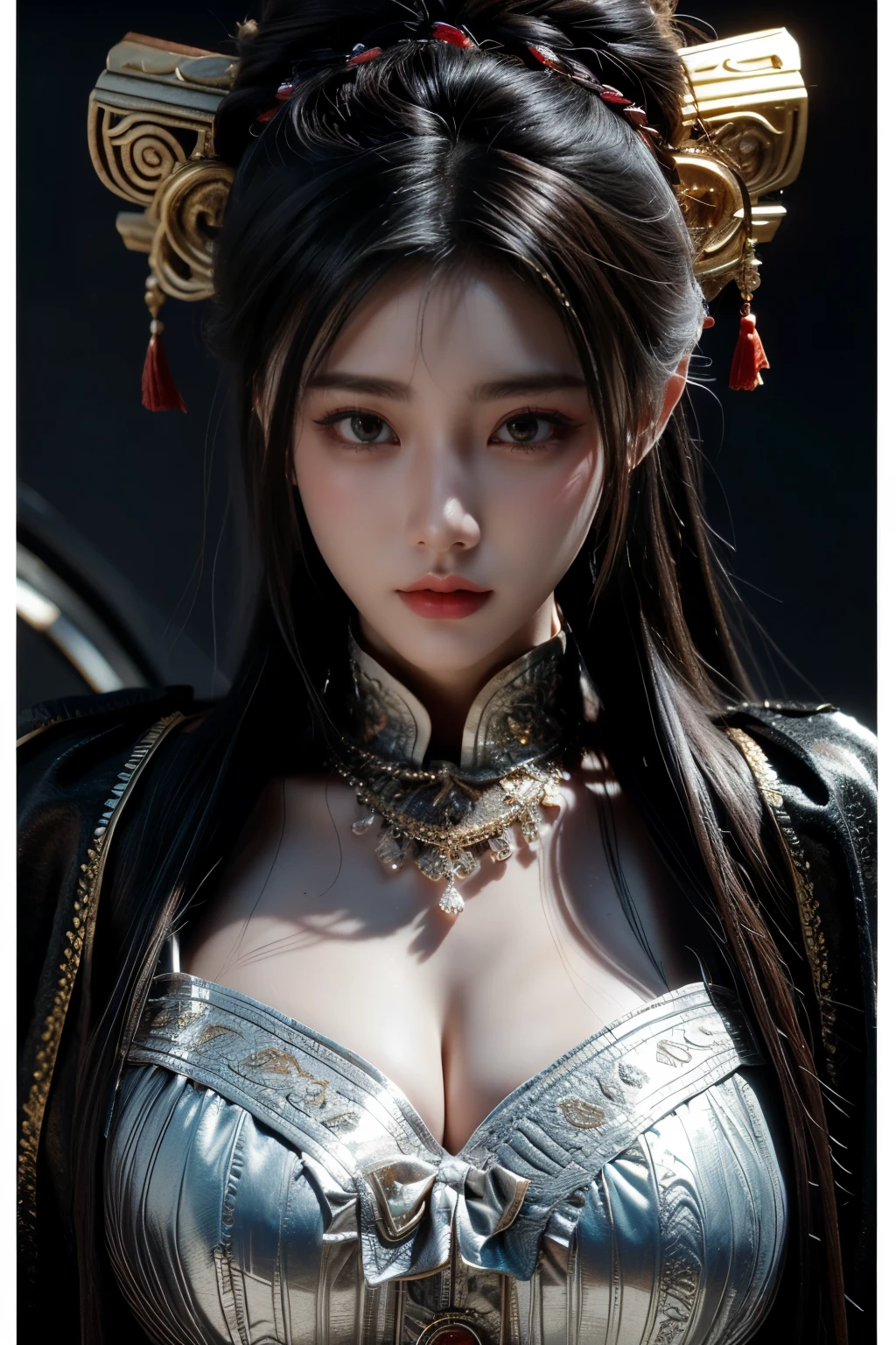 Game art，The best picture quality，Highest resolution，8K，((A bust photograph))，((Portrait))，((Head close-up))，(Rule of thirds)，Unreal Engine 5 rendering works， (The Girl of the Future)，(Female Warrior)， 22 year old girl，(Ancient Chinese women)，(Rainbow hair，Ancient Oriental hairstyle)，((The pupils of the red eyes:1.3))，(A beautiful eye full of detail)，(Big breasts)，(Eye shadow)，Elegant and charming，indifferent，((Anger))，(A silk coat with ancient Chinese style，Bellyband，The clothes are decorated with patterns with Chinese characteristics，A flash of jewellery，White)，(The clothes are made of silk:1.5)，figure，fantasy style， photo poses，city background，Movie lights，Ray tracing，Game CG，((3D Unreal Engine))，OC rendering reflection pattern