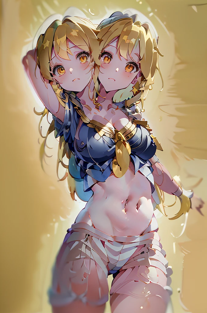 (masterpiece, best quality), best quality, best resolution, (ultra-detailed), (3heads:1.5), 1girl, (chiyuri kitashirakawa:1.3), masterpiece, best quality, ultra quality, ultra resolution, ultra detail, white top with a shade of blue, crop top, ((stomach)), midriff, ((groin)), white skirt, normal ears, shackles, blonde hair, very long hair, wavy hair, sidelocks, yellow eyes, parted lips, sweat, cute, open belly, toned belly, hand on own chest, eyelashes, (23 year old woman:1.3), (masterpiece:1.5), (best quality:1.5), (beautiful detailed), extremely detailed CG, extremely delicate and beautiful, depth of field, (finely detailed face), (perfect details:1.3), (mature female:1.3), wide pelvis, slender, large veiny breast, 16k resolution, highres, high quality, high definition, extremely detailed, masterpiece, blonde hair, long hair, alluring presence, braid, short skirt, close up, big tits, young, white hat,