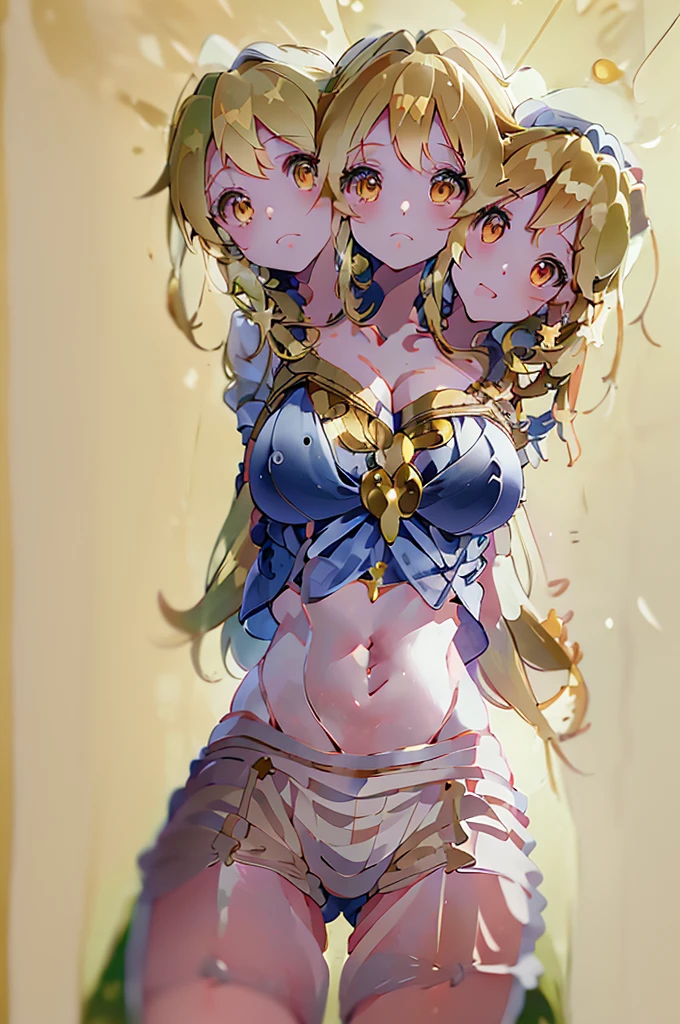 (masterpiece, best quality), best quality, best resolution, (ultra-detailed), (3heads:1.5), 1girl, (chiyuri kitashirakawa:1.3), masterpiece, best quality, ultra quality, ultra resolution, ultra detail, white top with a shade of blue, crop top, ((stomach)), midriff, ((groin)), white skirt, normal ears, shackles, blonde hair, very long hair, wavy hair, sidelocks, yellow eyes, parted lips, sweat, cute, open belly, toned belly, hand on own chest, eyelashes, (23 year old woman:1.3), (masterpiece:1.5), (best quality:1.5), (beautiful detailed), extremely detailed CG, extremely delicate and beautiful, depth of field, (finely detailed face), (perfect details:1.3), (mature female:1.3), wide pelvis, slender, large veiny breast, 16k resolution, highres, high quality, high definition, extremely detailed, masterpiece, blonde hair, long hair, alluring presence, braid, short skirt, close up, big tits, young, white hat,