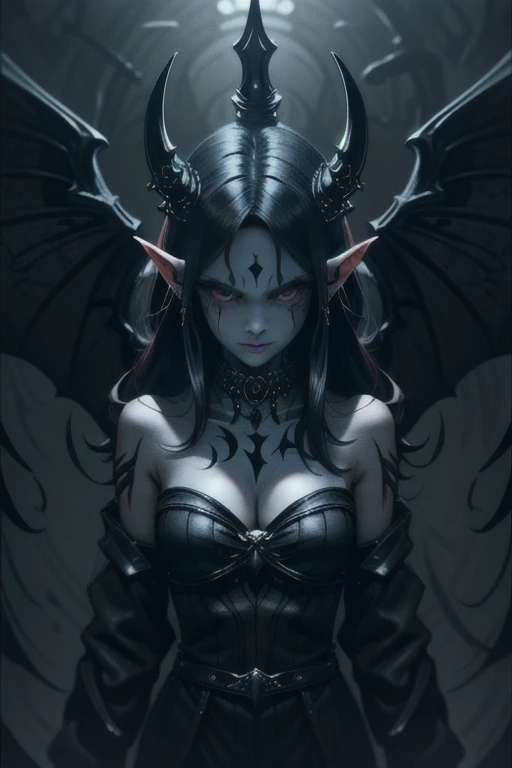 Overgrown hell life, winged devil Zelda, Grey skin, black veins, black blood, cursed markings, devil armor, facing viewer,