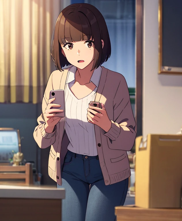 1girl, chestnut brown hair, blunt bangs that cover her forehead, chin-length hair, bob cut, light brown eyes and a mole under her left eye, brown cardigan, open shirt, white sweater, blue pants, open mouth, holding a phone, talking to the phone, indoors, night, living room