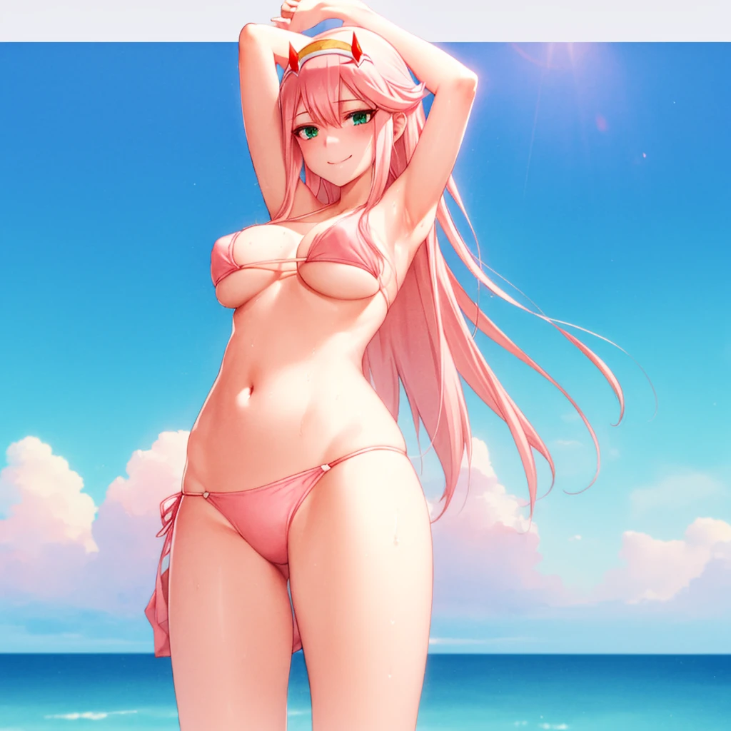 (((Best quality))), (((Ultra detailed))),Zero Two From Anime Darling in the franxx, Zero Two, girl1 , bangs, covered navel, eyeshadow, green eyes, horns, long hair, beautiful detailed  hair, Long,  ( pink Hair), summer, ((sunshine)), (((((cumulonimbs))))), beautiful detailed sky, day, ((pink bikini, underboobs)), medium breasts, viewing from below, ((bitter smile, confused)), blush, beautiful detailed ocean, sweat, (beautiful detailed wet hair), arms up, (beautiful detailed underarm, upper body),starrystarscloudcolorful.
