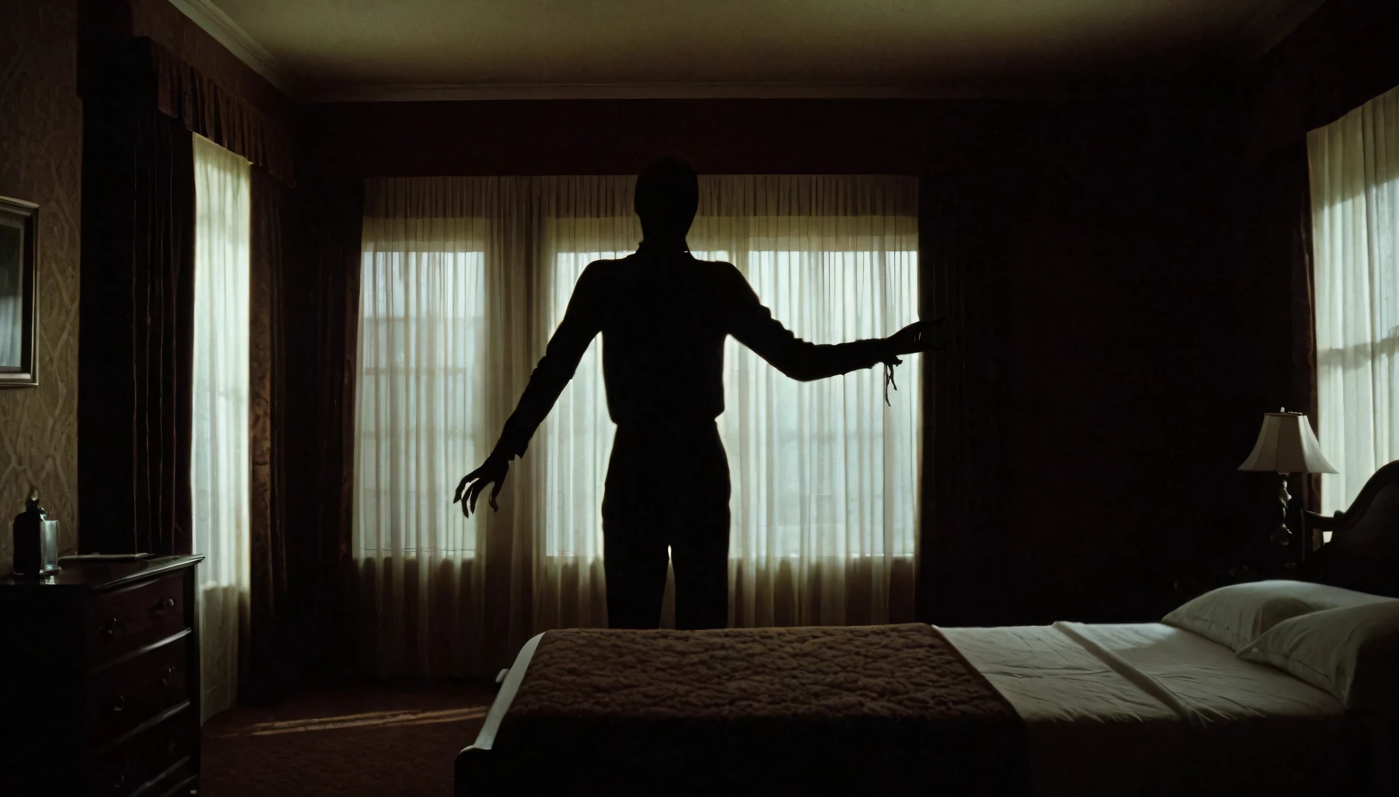 Horror-themed A photorealistic image captured on analog film grain, illustrating a translucent and tall shadow man hovering (covering most of the right side of the image) in a creepy hotel room, with shadows casting an unsettling ambiance, in the style of Gothic horror, reflecting a sense of terror and mystery, . Eerie, unsettling, dark, spooky, suspenseful, grim, highly detailed