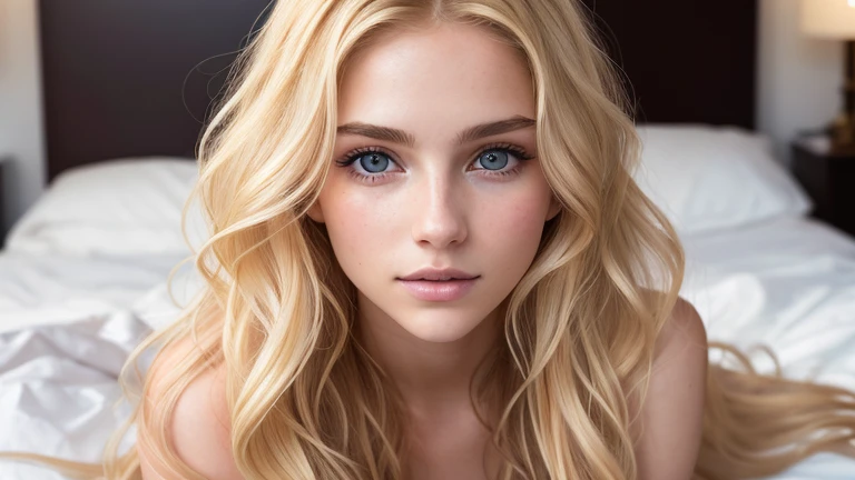 Photo of a 20-year-old European girl, raw, Beautiful woman, (Extra long wavy blonde hair), ((Portrait)), ((Detailed face:1.2)), ((detailed facial features)), (finely detailed skin), pale skin, , wrapped in a sheet, Bedroom environment, Sitting on the bed, (cold color), moist, moist, Reflectors, (masutepiece) (perfectly proportions)(photos realistic)(Best Quality) (Detailed) photographed in a Canon EOS R5, 50mm Lens, F/2.8, nffsw, (8K) (Wallpaper) (Cinematic lighting) (Dramatic Lighting) (sharp focus) (Convoluted) Fashion, From above