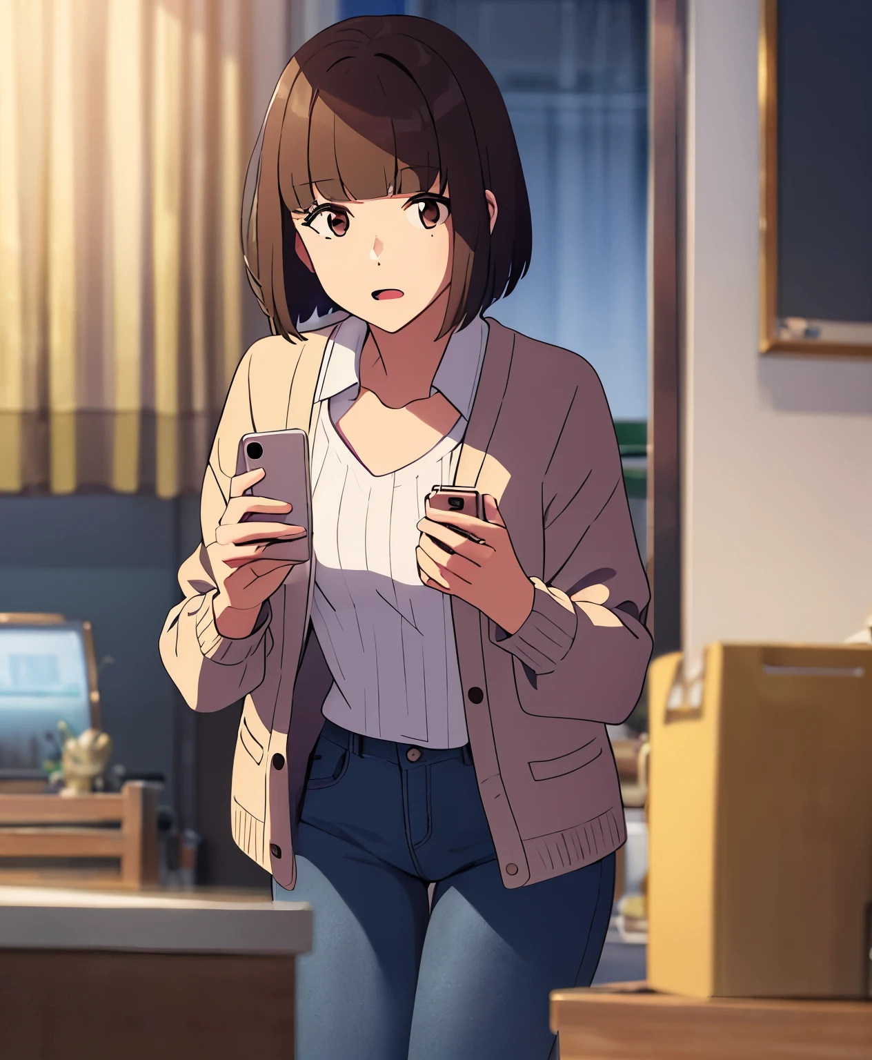 1girl, chestnut brown hair, blunt bangs that cover her forehead, chin-length hair, bob cut, light brown eyes and a mole under her left eye, brown cardigan, open shirt, white sweater, blue pants, open mouth, holding a phone, talking to the phone, indoors, night, living room