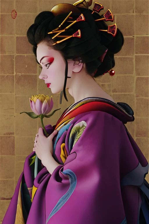 split color hair,Ichiro, 1 girl, alone, blue eyes, sharp eyes, black hair, hair ornaments, flower魁飾りHairpin, holding, cleavage, medium breasts, flower, kimono, kimono, off shoulder, nail polish, compensate, lipstick, yellow background, red nails, eye shadow, holding flower, Hairpin, Hairpin, comb,